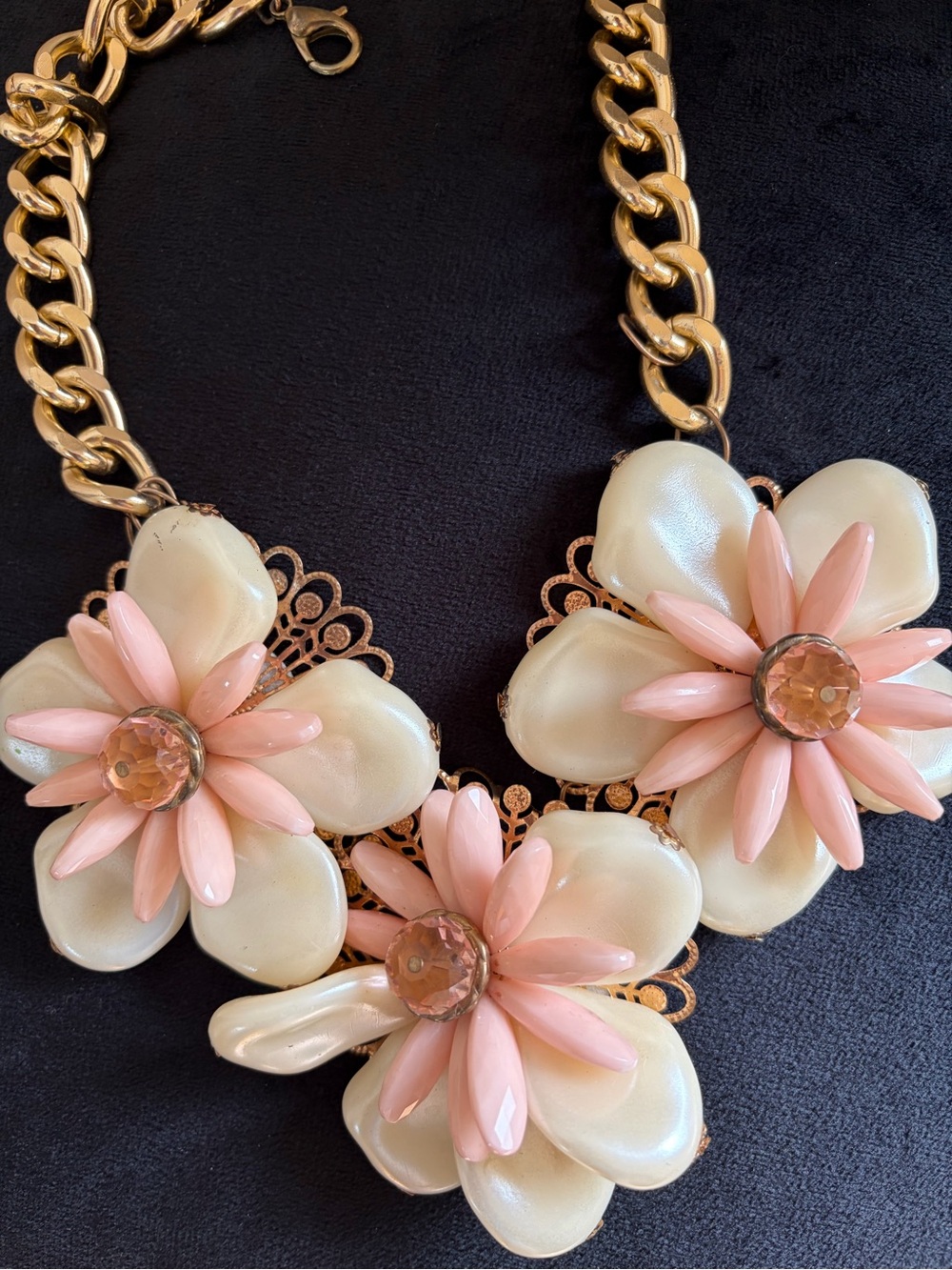 Floral Statement Necklace - Pink & Cream Flower Bib Necklace